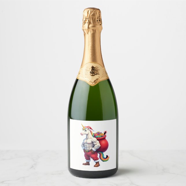 Naughty Unicorn Pun Funny Family Christmas Morning Sparkling Wine Label (Front)