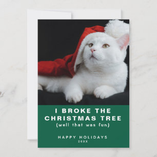 Naughty White Cat with a Red Santa Hat Modern  Holiday Card