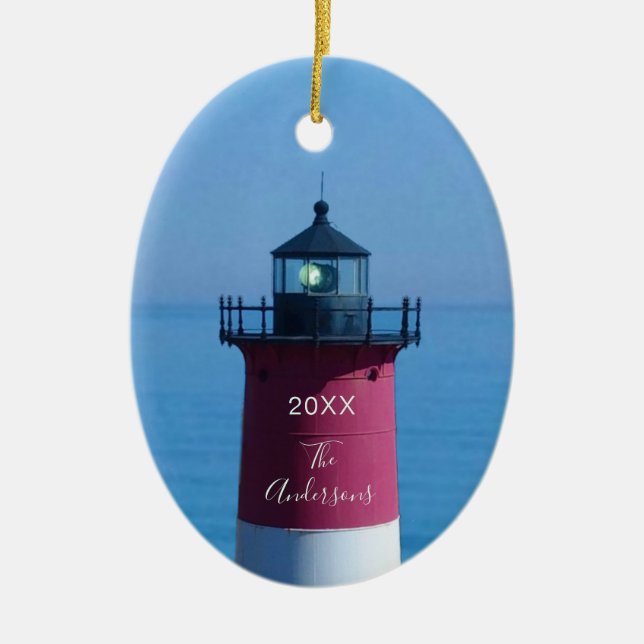 Nauset Lighthouse Dated Script Name Ceramic Tree Decoration (Front)