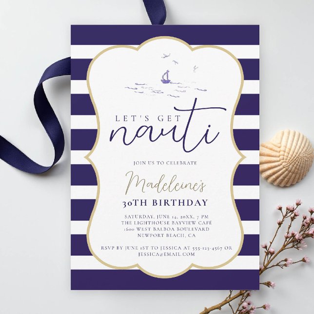 Nauti Nautical Boat Party Coastal 30th Birthday  Invitation (nautical 30th birthday invitation women her coastal beach yacht boat sailing stripes elegant frame)