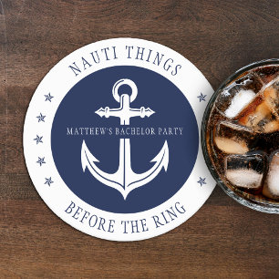 Nauti Things Before the Ring Anchor Bachelor Party Round Paper Coaster