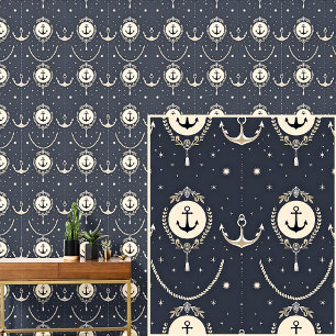 Nautical 0ff-White Anchor Design Dark Gray / Blue Wallpaper