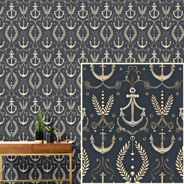 Nautical 0ff-White Anchors & Crests Dark Grey Blue Wallpaper (Creator Uploaded)