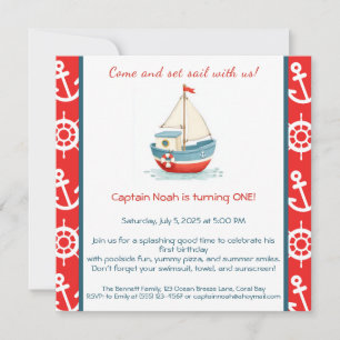 Nautical 1st Birthday Pool Party Invitation 