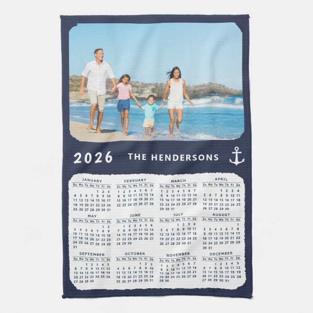Nautical 2026 Calendar Family Photo Navy Blue Tea Towel (Vertical)
