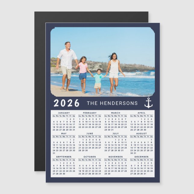 Nautical 2026 Photo Calendar Magnet Navy Blue  (Front/Back)
