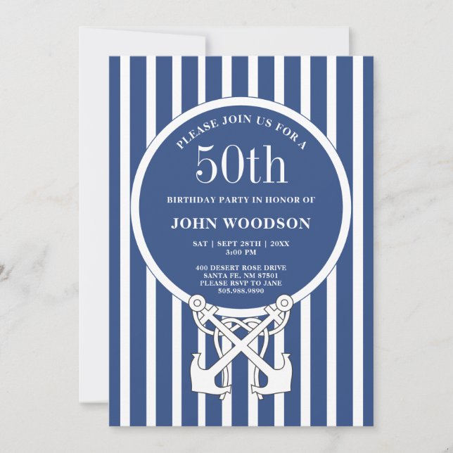 Nautical 50th Birthday Party Navy Blue Guy  Invitation (Front)