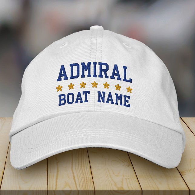 Nautical Admiral Your Boat Name White Embroidered Hat (Choose from a variety of hat colors.)