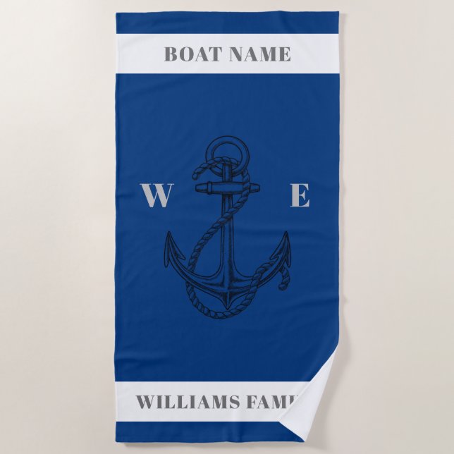 "Nautical Adventure" Personalised Name Anchor  Beach Towel (Front)