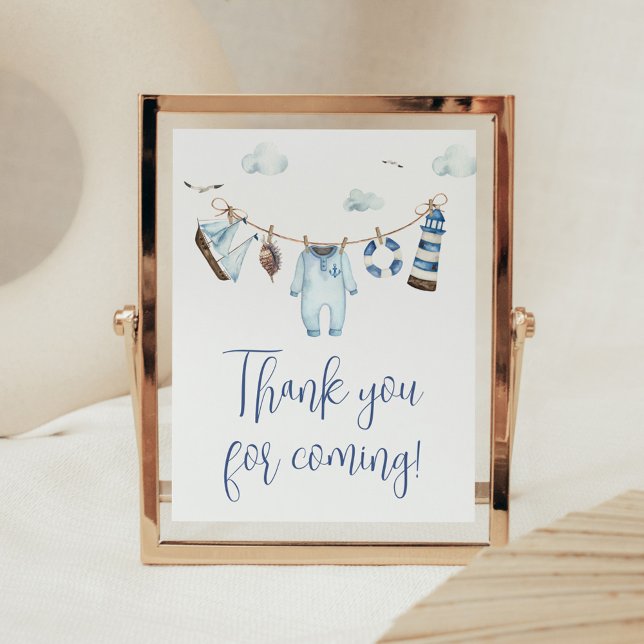 Nautical Ahoy Baby Shower Thank you Card Poster (Nautical Sailor Ahoy Baby Shower Thank you for Coming Sign)