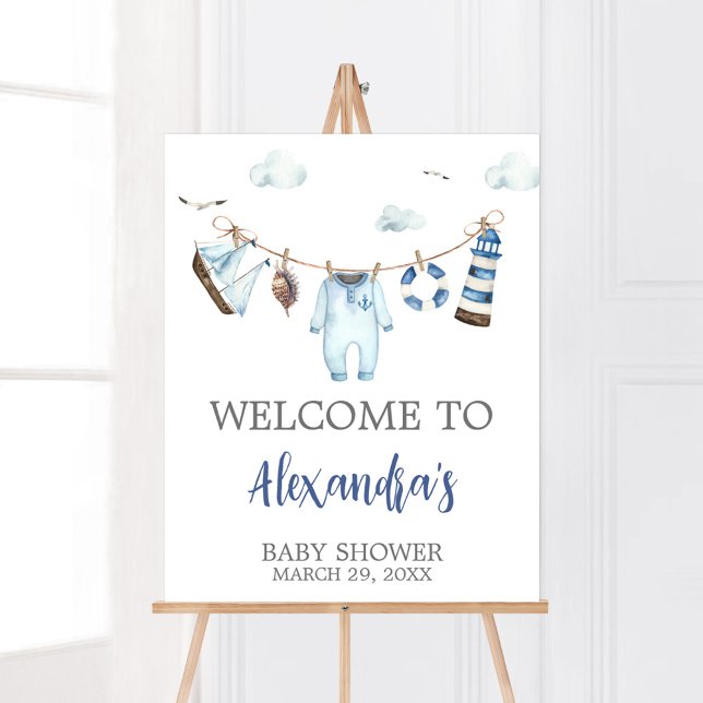 Nautical Ahoy Baby Shower Welcome Poster (Nautical Sailor Ahoy Baby Shower Welcome Sign)