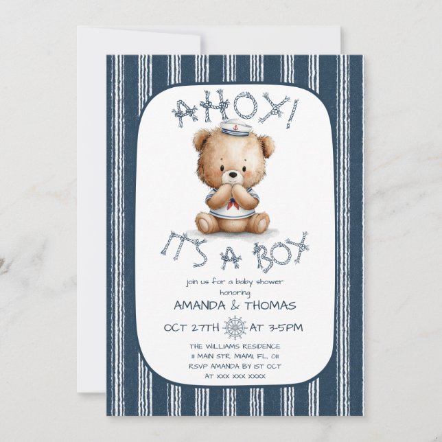 Nautical Ahoy Bear Boy Baby Shower  Invitation (Front)