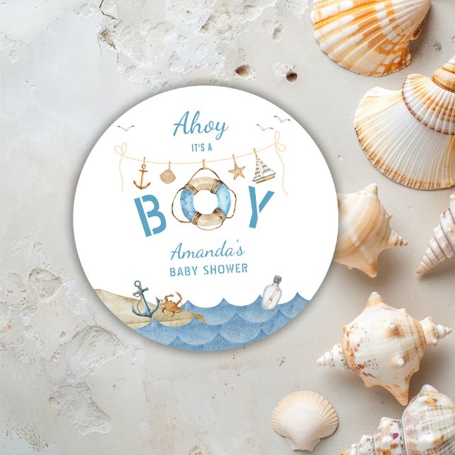 Nautical Ahoy It's a Boy Baby Shower Classic Round Sticker (Creator Uploaded)