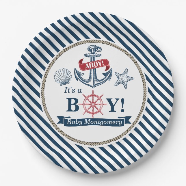 Nautical Ahoy It's A Boy Baby Shower Paper Plates (Front)