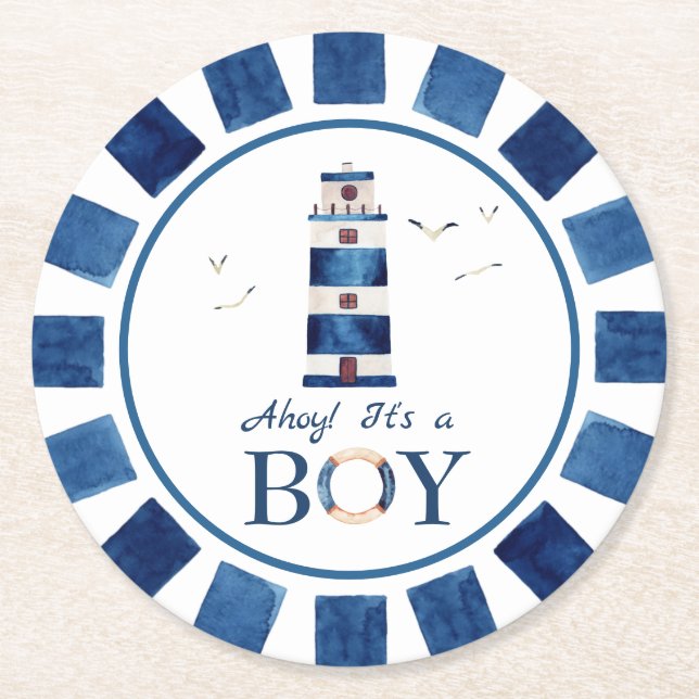 Nautical Ahoy! It's a Boy Lighthouse Baby Shower Round Paper Coaster (Front)