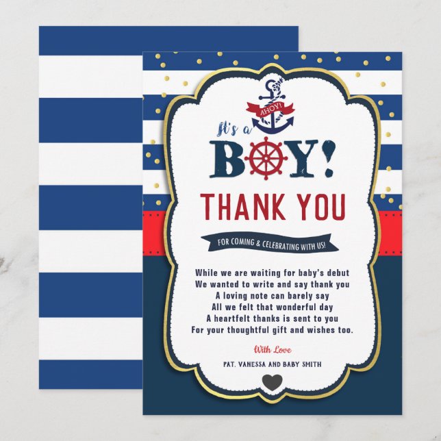 Nautical Ahoy Red Navy Baby Shower Thank You Card (Front/Back)