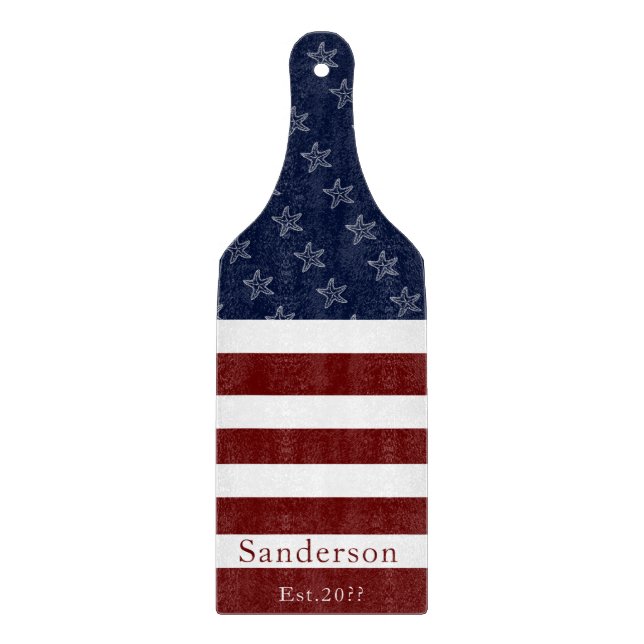 Nautical American Flag Red White Blue Starfish Cutting Board (Front)
