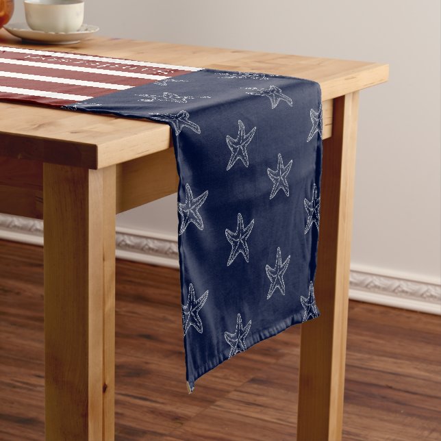 Nautical American Flag Red White Blue Starfish  Short Table Runner (In Situ)