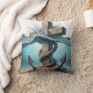 Nautical Anchor and Cross In Ocean Water Cushion