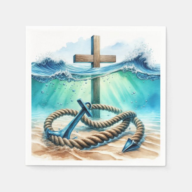 Nautical Anchor and Cross In Ocean Water Napkin (Front)