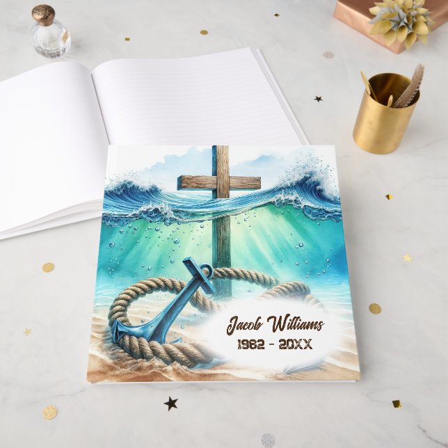 Nautical Anchor and Cross Memorial Service Guest Book (Front Open)