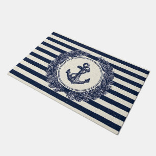 Nautical Anchor and Laurel Wreath on Navy Stripes Doormat