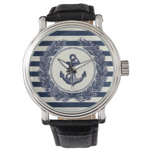 Nautical Anchor and Laurel Wreath on Navy Stripes Watch