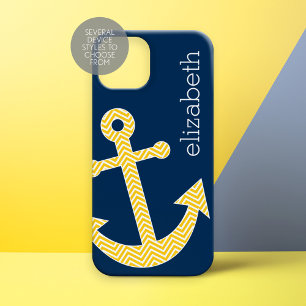 Nautical Anchor and Navy Yellow Chevron Pattern iPhone 15 Pro Case
