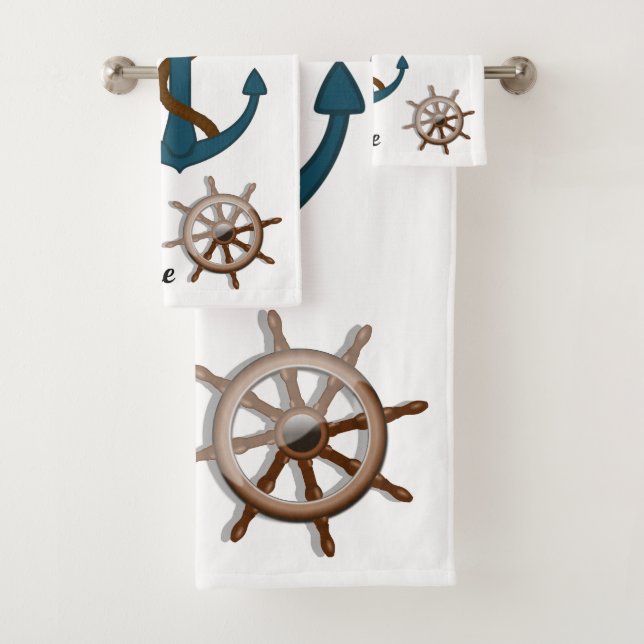 Nautical Anchor And Personalized Boat Name Bath Towel Set (Insitu)