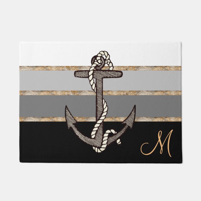 Nautical Anchor and Rope (black gradient/monogram) Doormat (Front)