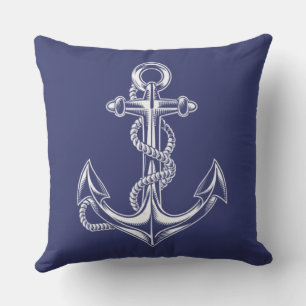 Nautical Anchor and Rope Blue Throw Pillow