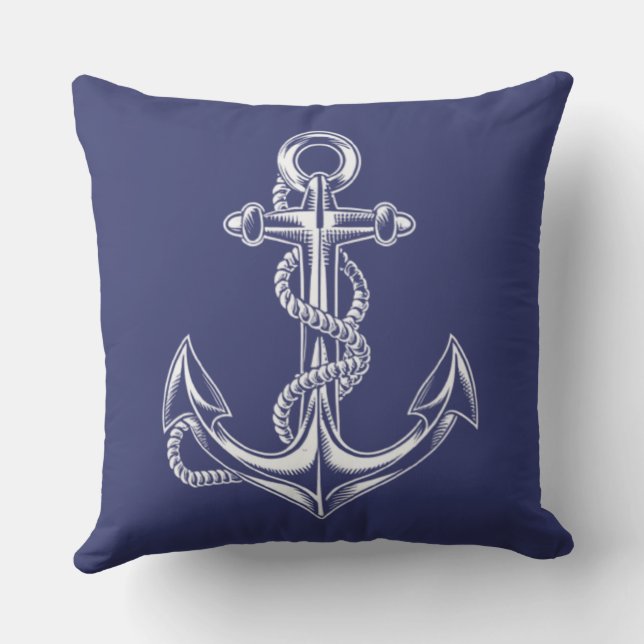 Nautical Anchor and Rope Blue Throw Pillow (Back)