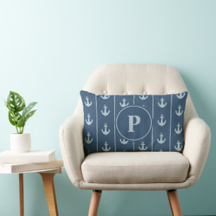 Nautical Anchor and Rope Stripes Monogram Lumbar Cushion