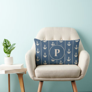 Nautical Anchor and Rope Stripes Monogram Lumbar Cushion