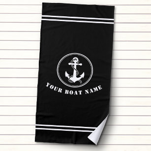 Nautical Anchor and Rope with Boat Name Black Beach Towel
