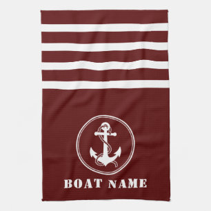 Nautical Anchor and Rope Your Boat Name Navy Red Tea Towel