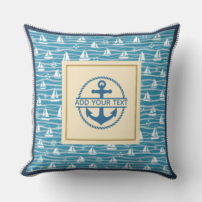 Nautical Anchor and Sailboat Pattern Personalised Cushion (Front)