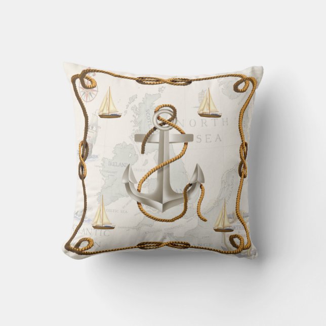Nautical Anchor and Sailboats Throw Pillow (Front)