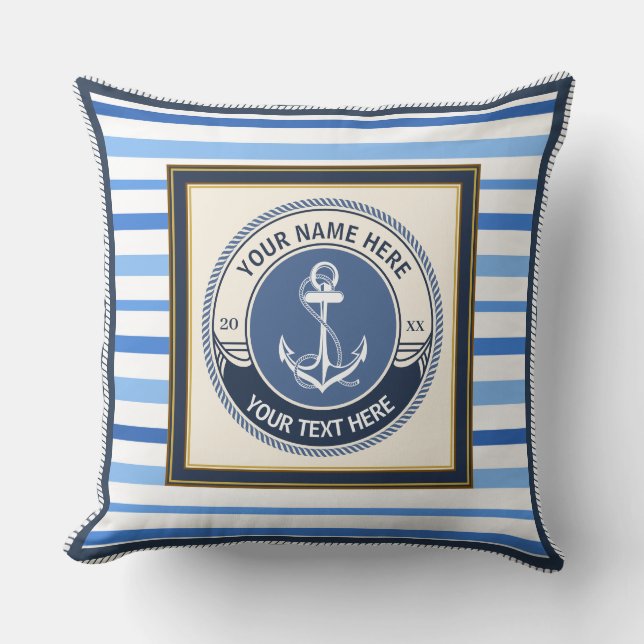 Nautical Anchor and Ship Wheel Custom Striped Cushion (Front)
