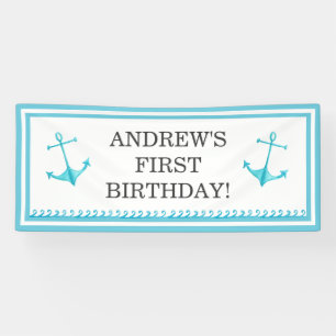 Nautical Anchor and Waves Sky Blue First Birthday Banner