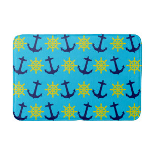 Nautical Anchor and Wheel Pattern On Aqua Blue Bath Mat