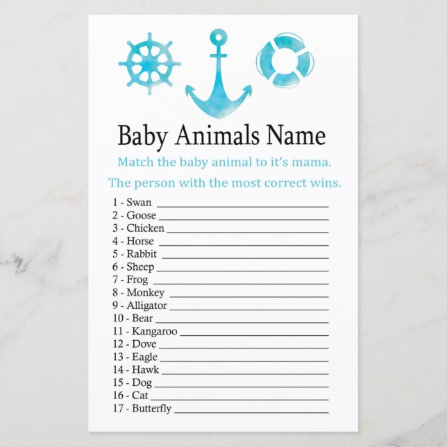 Nautical Anchor Baby Animals Name Game (Front)