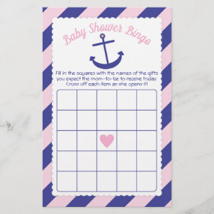 Nautical Anchor Baby Shower Bingo Game pink & navy Flyer
