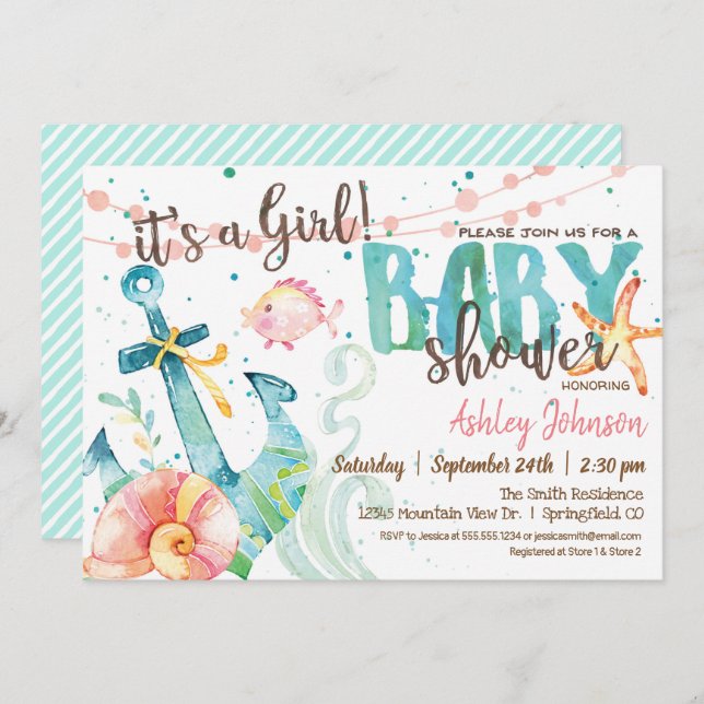 Nautical Anchor Baby Shower invitation, Girl Invitation (Front/Back)