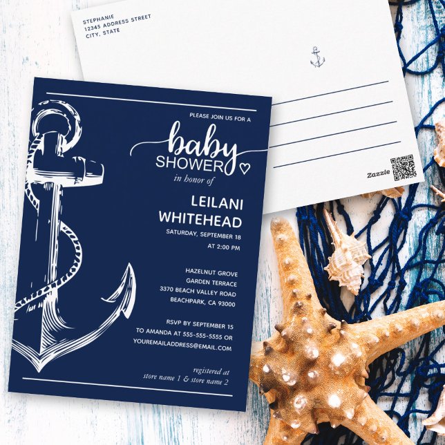 Nautical Anchor Baby Shower Navy Invitation Postcard (Creator Uploaded)