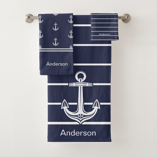 Nautical Anchor Bathroom Ocean Navy Blue  Bath Towel Set (Insitu)