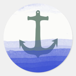 Nautical Anchor Beach Blue Teal Summer Watercolor Classic Round Sticker
