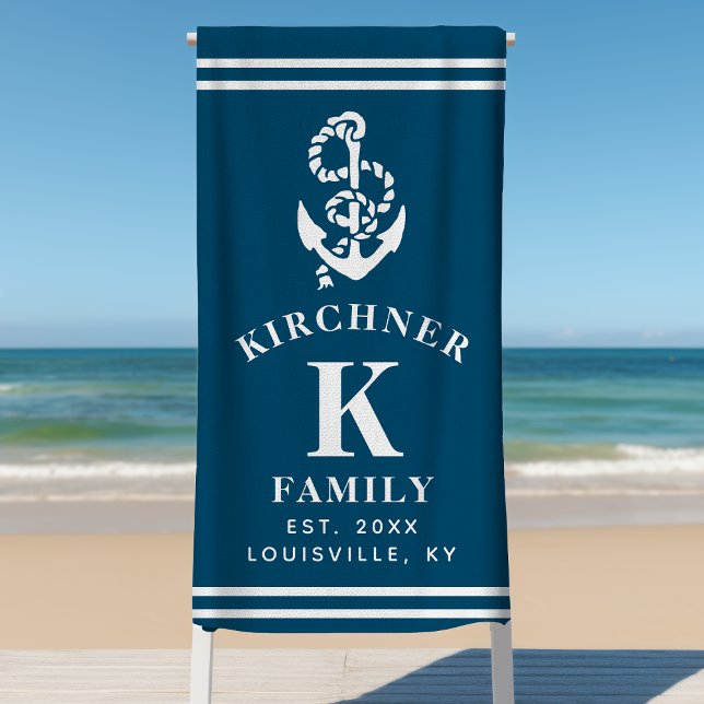 Nautical Anchor Beach House Family Name Navy Blue Beach Towel (Creator Uploaded)
