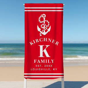 Nautical Anchor Beach House Family Name Red Beach Towel