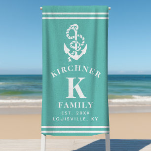 Nautical Anchor Beach House Family Name Teal Towel